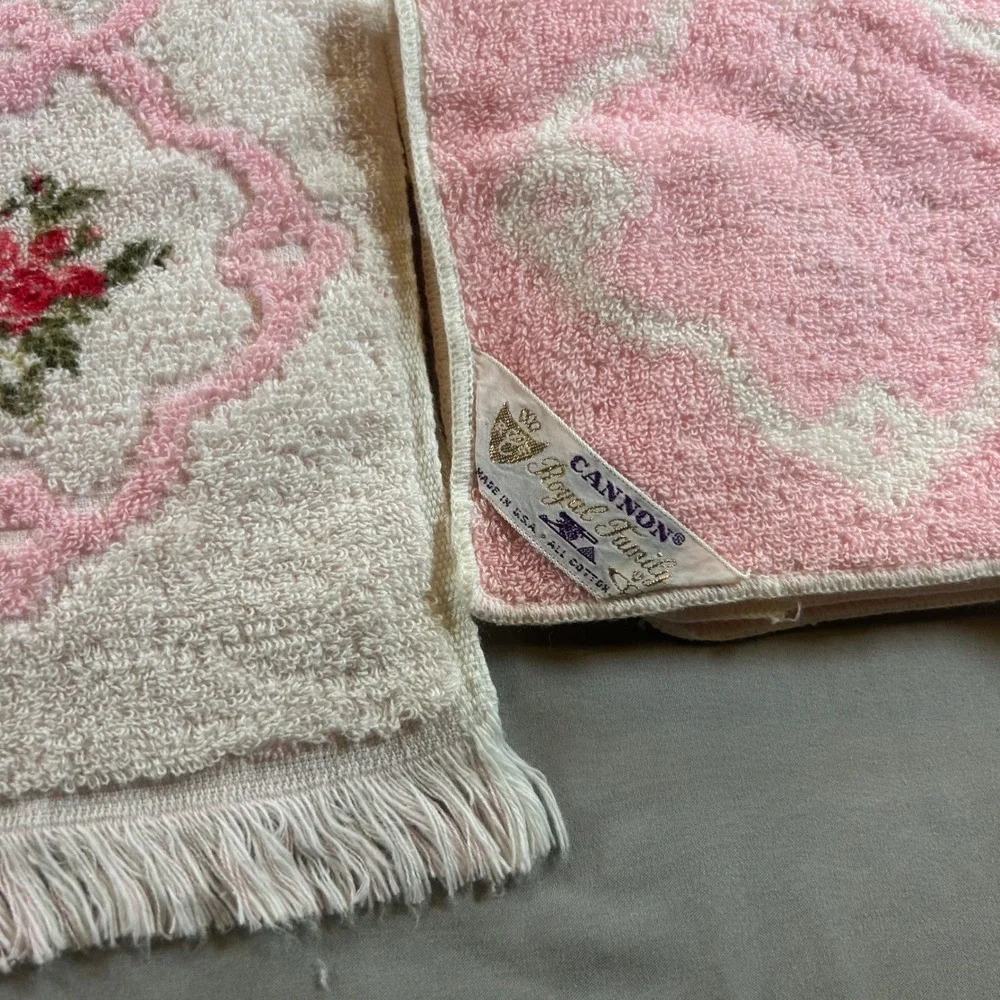 Vintage Cannon Royal Family Pink Rose Floral Towel Set Cotton Fringed 3pc USA